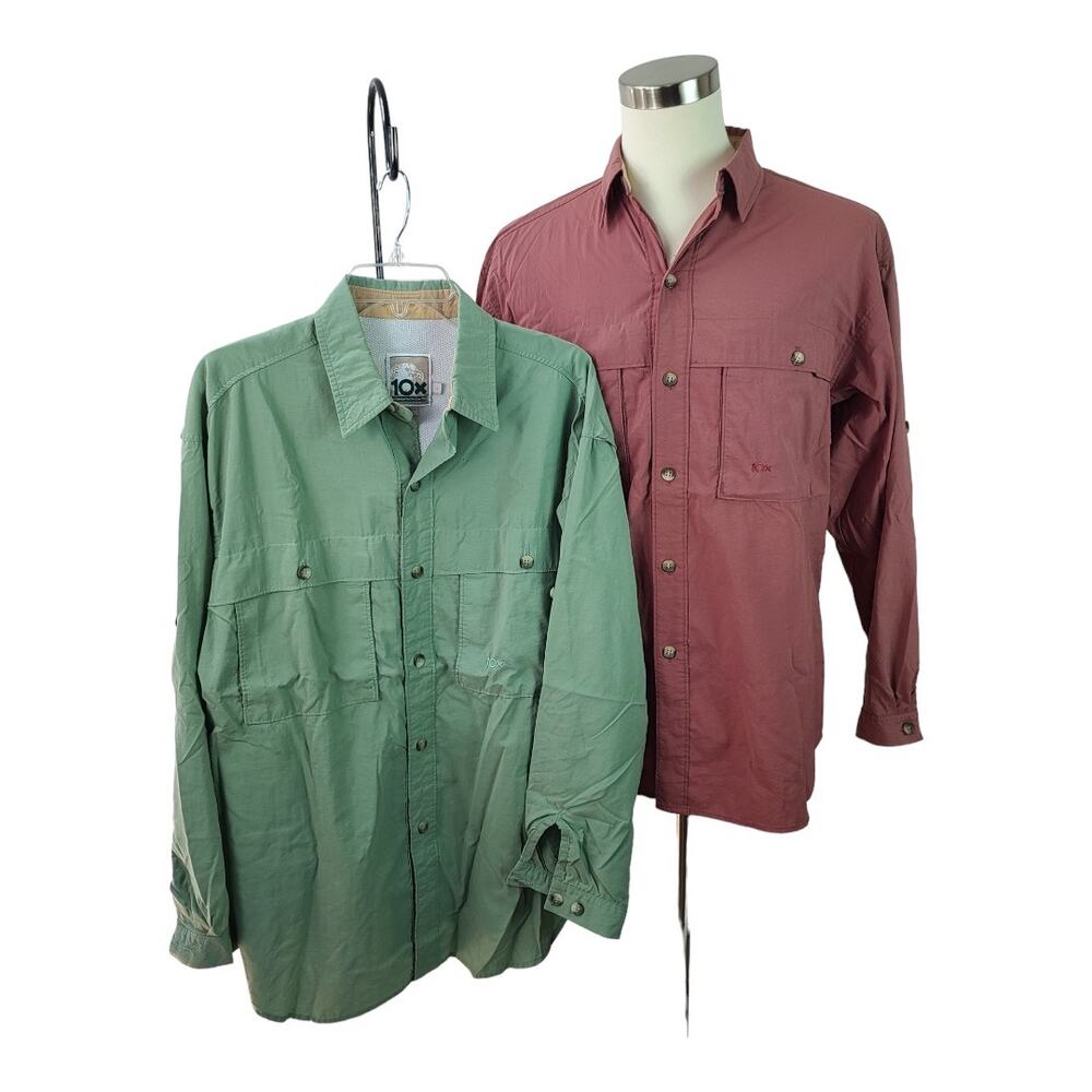 10X PAIR Coral Green Vented Outdoor Safari Fishing Hiking  Vintage USA Shirts L